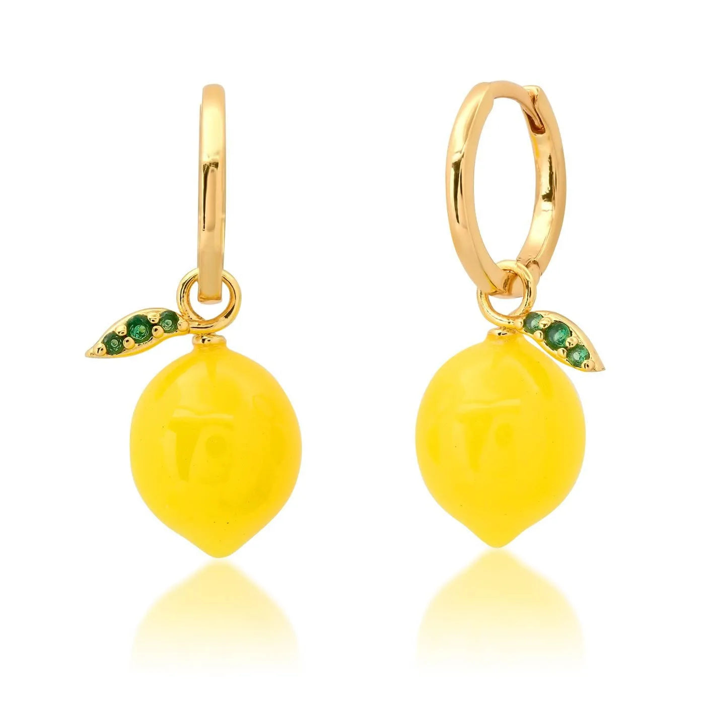 Gold plated fruit and vegetable design earrings showing carrot, orange and blueberry styles