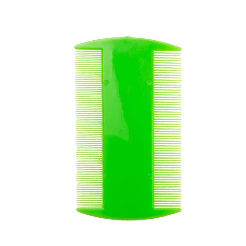 Double-edged plastic fine-toothed flea comb in various colours on a white background.