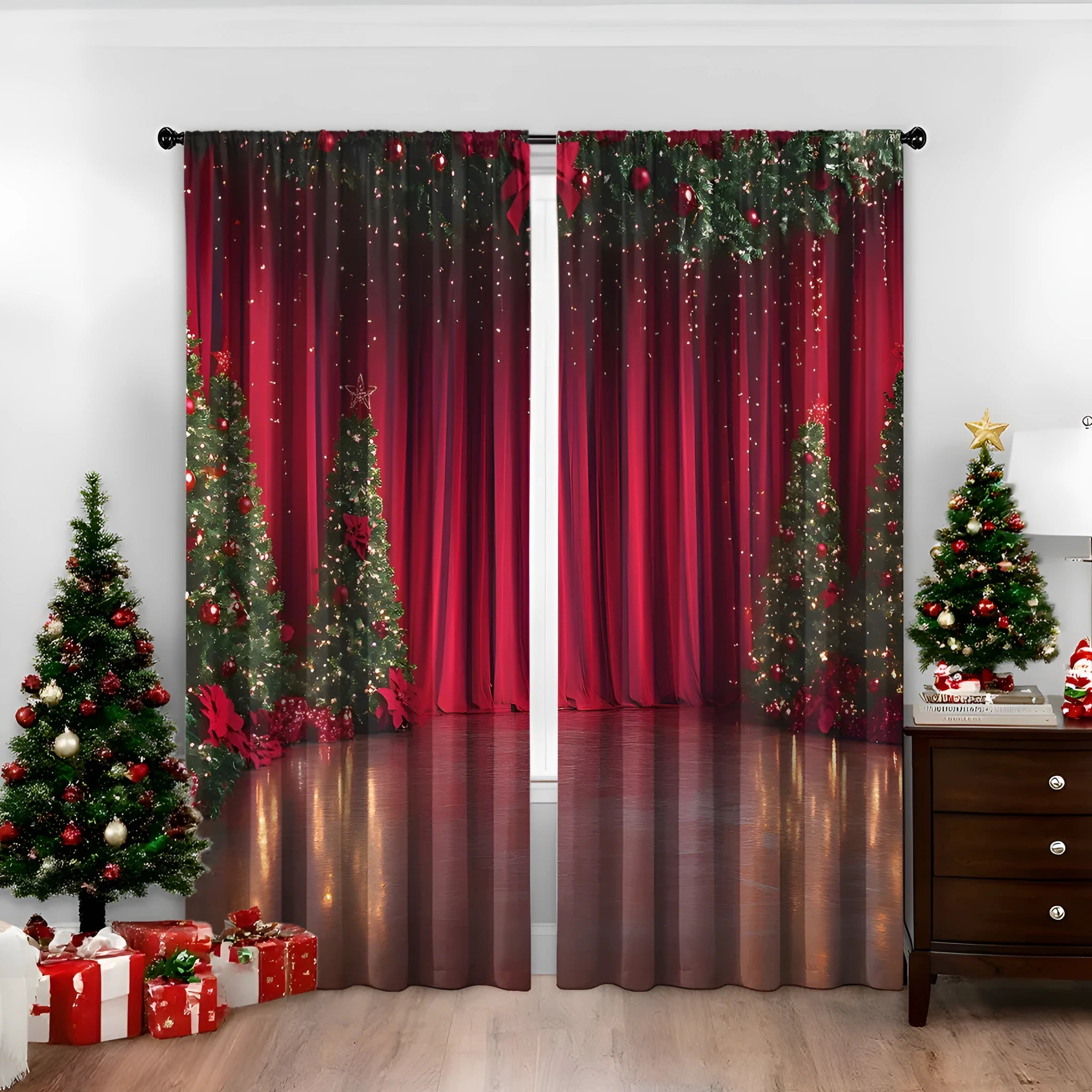 A pair of 3D digitally printed Christmas theme curtains hanging on a window, showcasing one of fifteen available European colour and pattern styles.