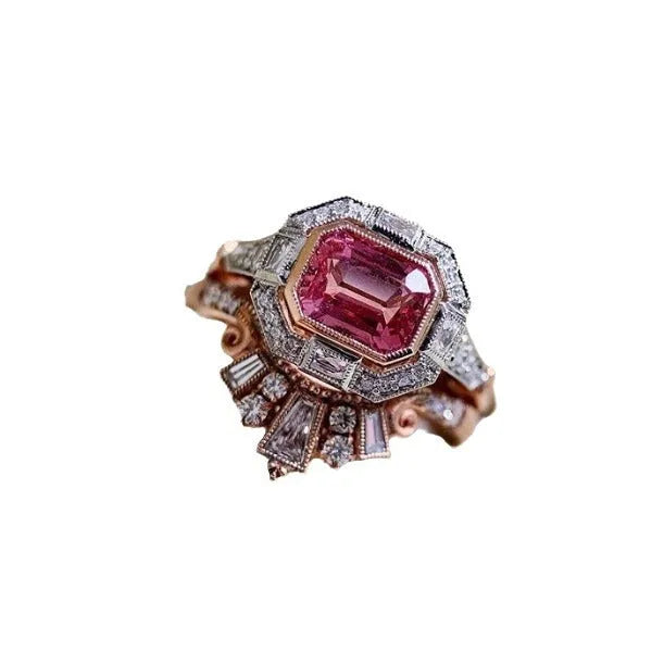 Women's retro style fashion ring with ruby detail and rose gold colour geometric design