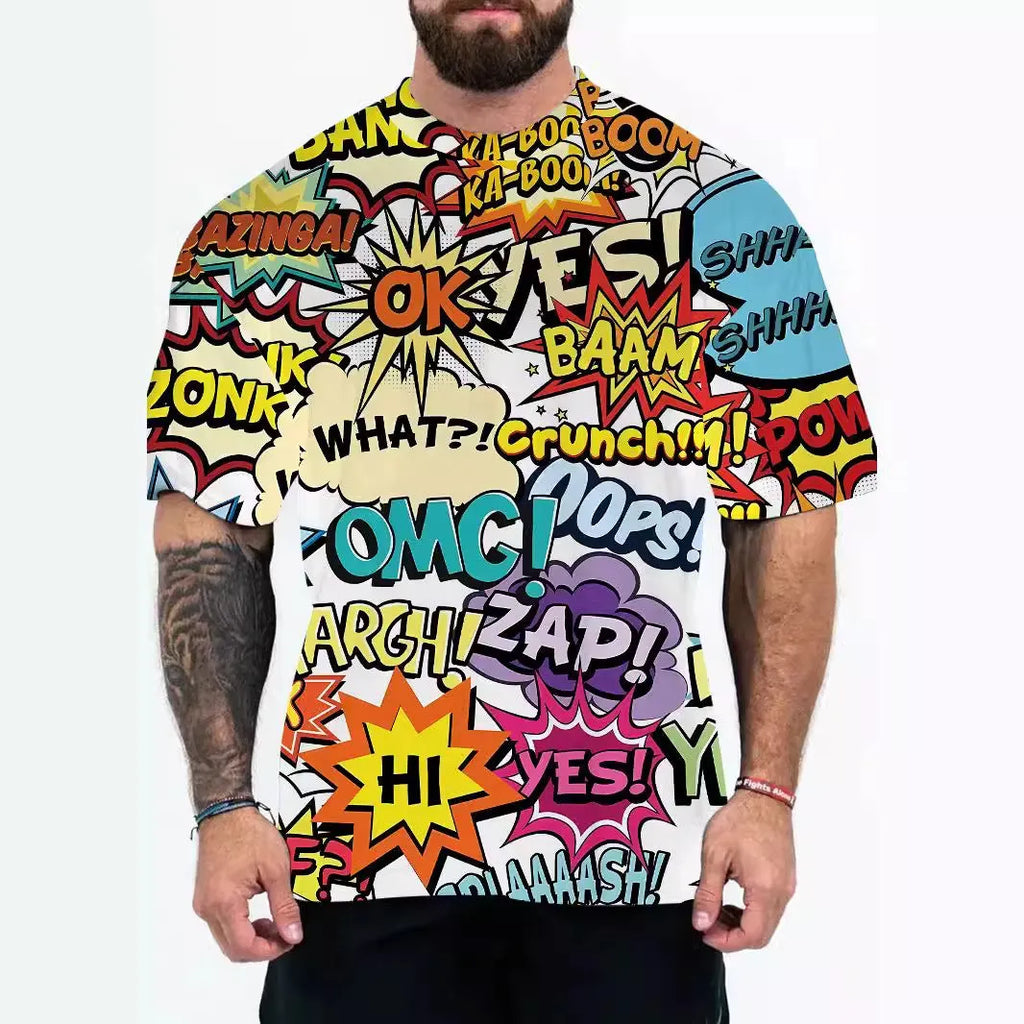 Men's loose fit graphic t-shirt with coloured letters design in chemical fibre blend fabric