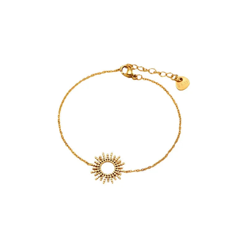 Sunflower pendant necklace and bracelet set in gold-plated stainless steel with geometric chain links