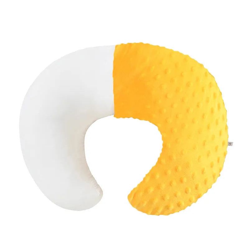 Multifunctional nursing pillow with milk spill prevention features in grey, light blue, pink and yellow colours