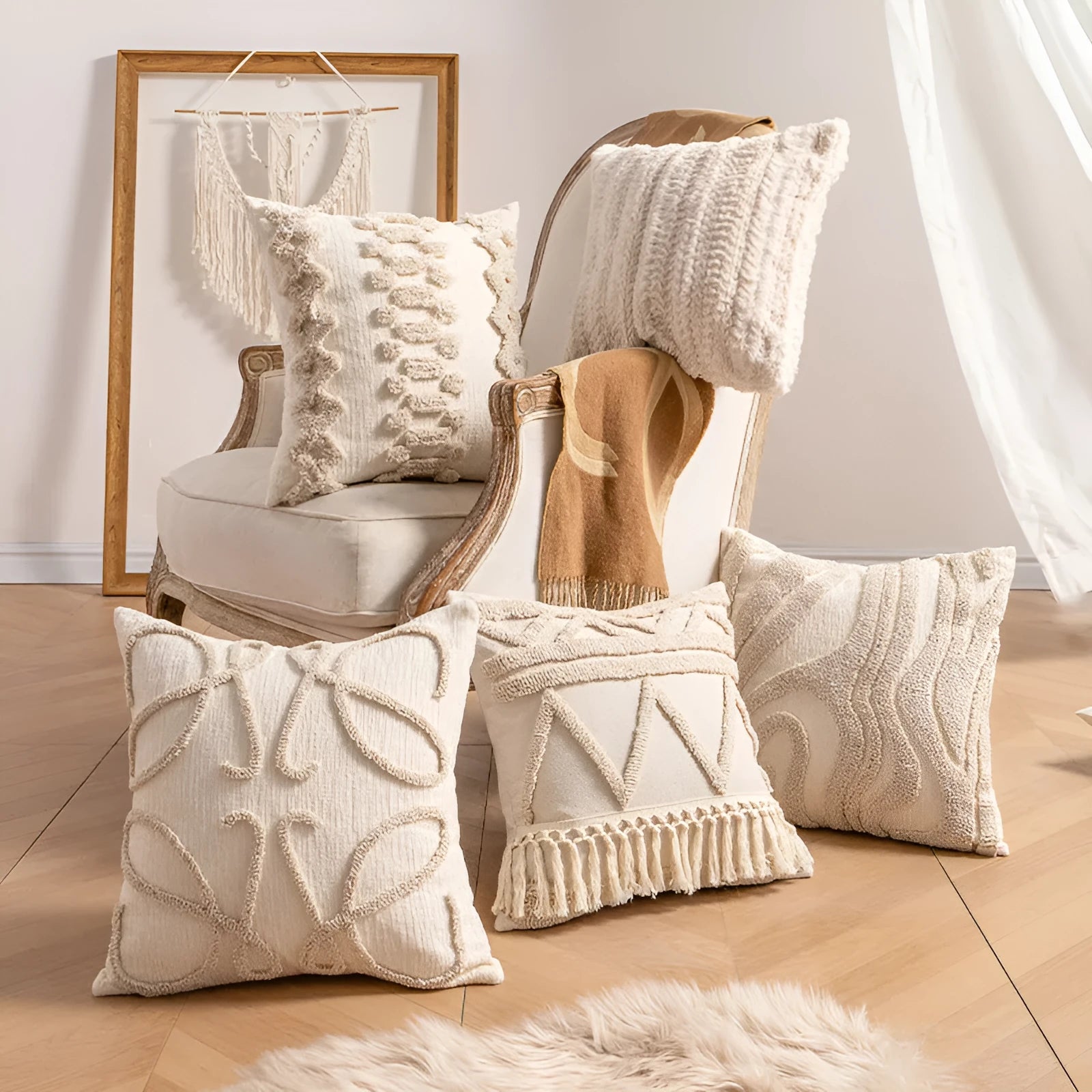 Knitted striped pillow cover with decorative tassel edging in a choice of six patterns.