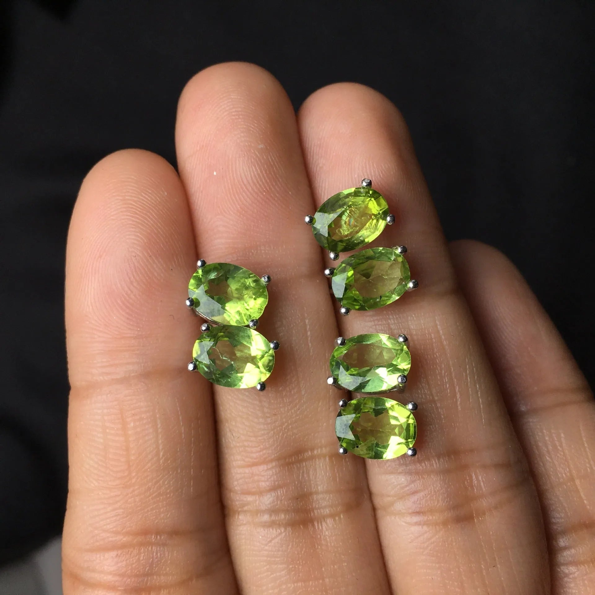 Natural olivine stud earrings in S925 silver with 6×8mm grass green faceted stones