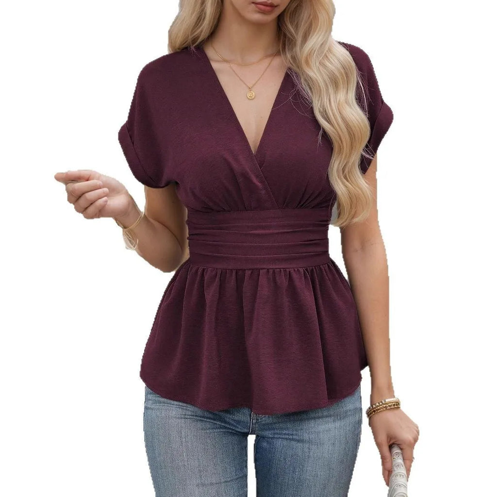 Women's slim fit V-neck short sleeve polyester top in solid colour on a hanger