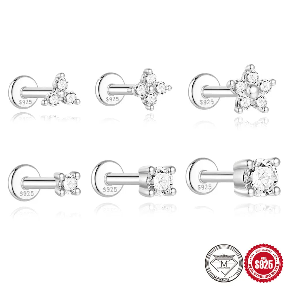 Sterling silver S925 stud earrings with platinum finish showing geometric petal designs in round, triangle, and multi-petal shapes
