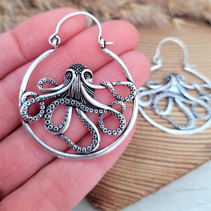 Vintage octopus earrings in antique silver finish, zinc alloy costume jewellery with animal zodiac design