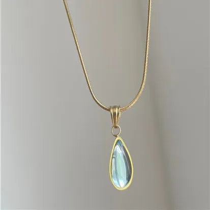 Retro water drop necklace with mixed gem inlay on a titanium steel snake bone chain in blue or green.