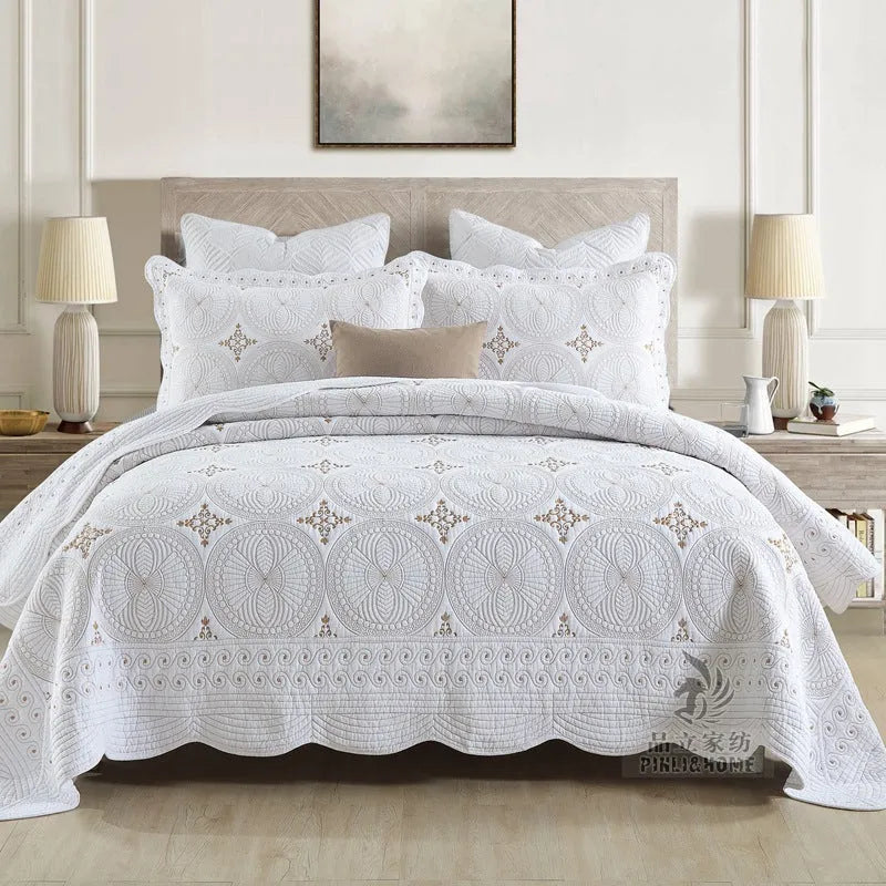 European-style embroidered cotton bed cover set with pillowcases for 1.8 metre bed