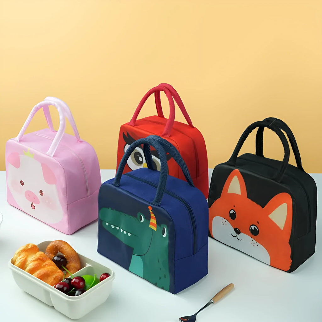 Children's insulated cartoon lunch box bag showing orange bear design with aluminium foil insulation