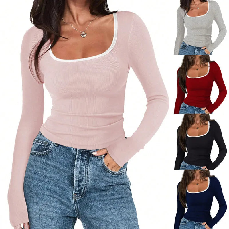 Women's slim fit cotton pullover top with a square collar in a solid colour.