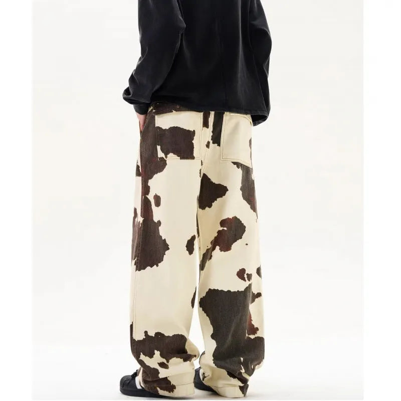 Men's straight-leg trousers with American retro cows pattern showing button-fly opening and straight-leg design