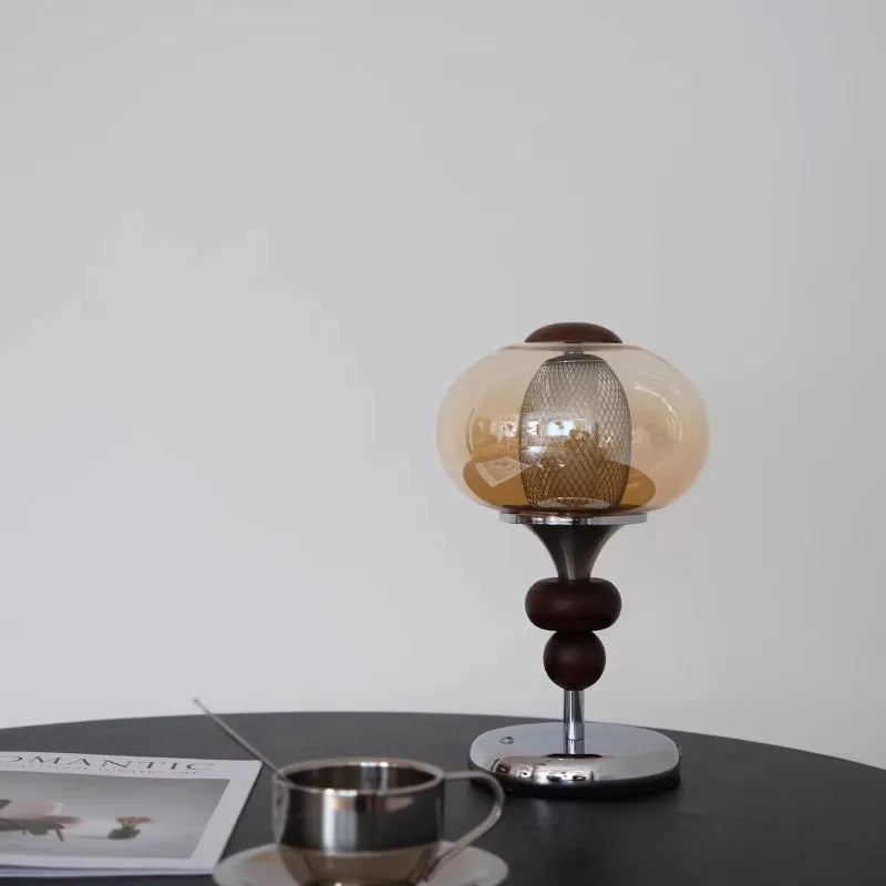 Solid wood retro palace-style table lamp with touch control panel showing three lighting colour options
