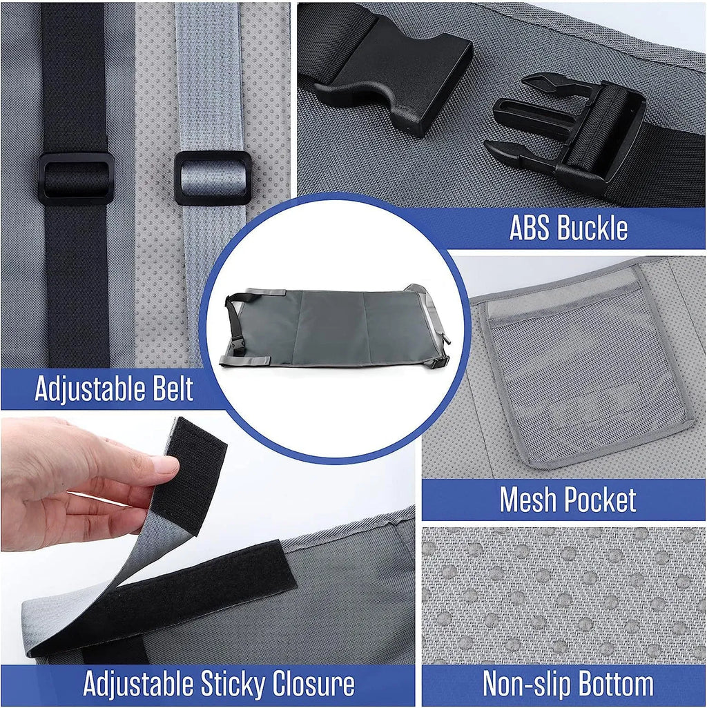 Portable children's aircraft pedal seat extender in blue with optional drawstring pocket