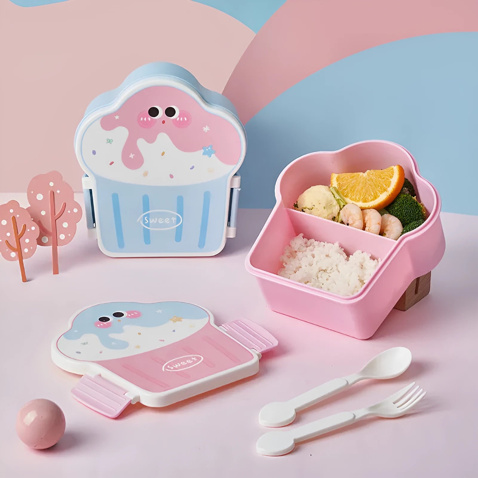 Creative ice cream shaped plastic lunch box with spoon and fork in pink or blue colour