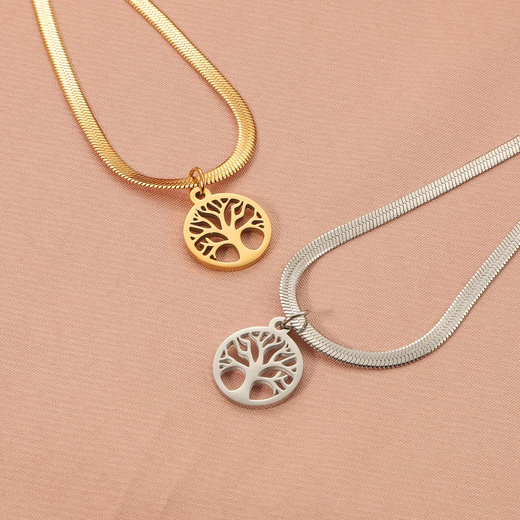 Stainless steel clavicle chain with titanium steel tree pendant, adjustable 51-60cm length
