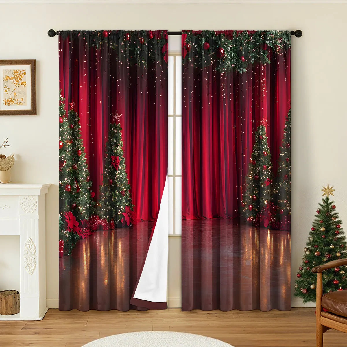A pair of 3D digitally printed Christmas theme curtains hanging on a window, showcasing one of fifteen available European colour and pattern styles.