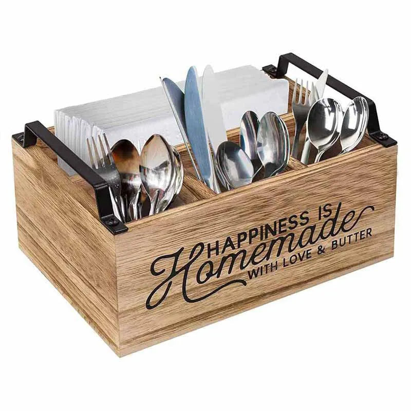 Wooden kitchen tableware storage box with grid organisation compartments