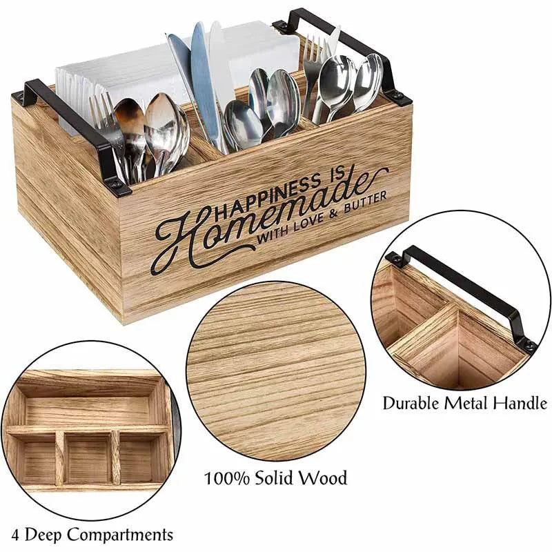 Wooden kitchen tableware storage box with grid organisation compartments