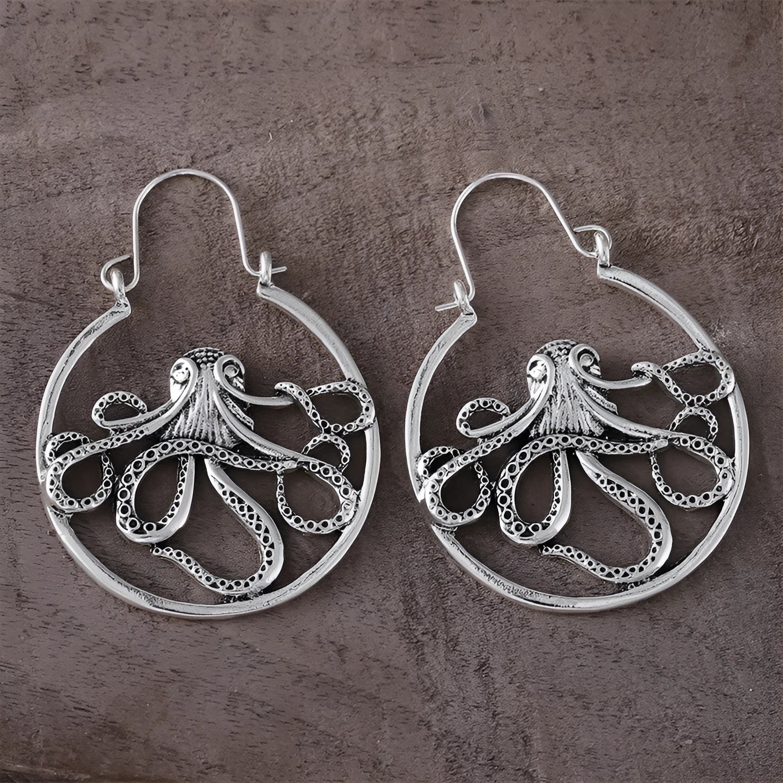 Vintage octopus earrings in antique silver finish, zinc alloy costume jewellery with animal zodiac design