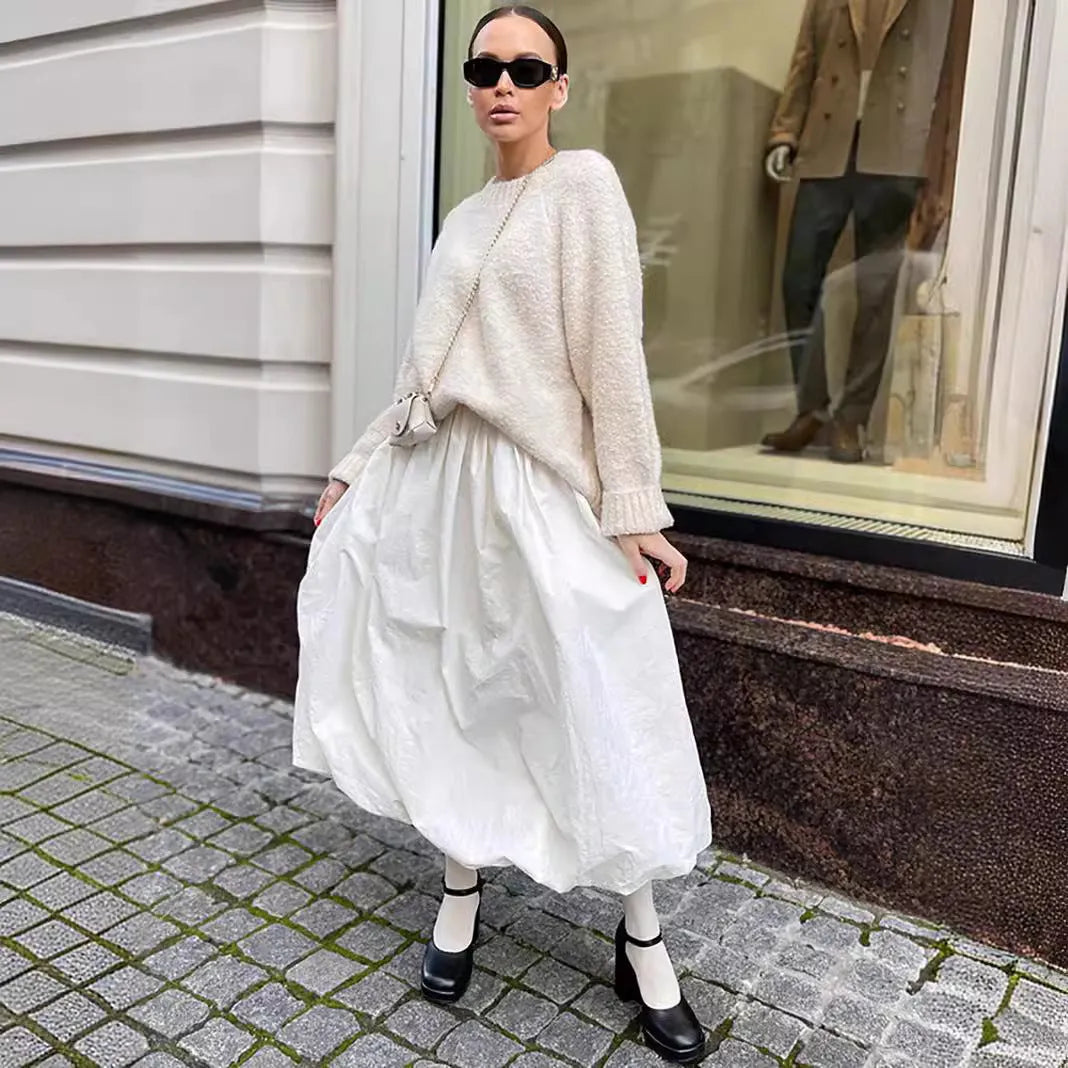 Women's solid colour long cotton skirt in black or white for casual commuting wear