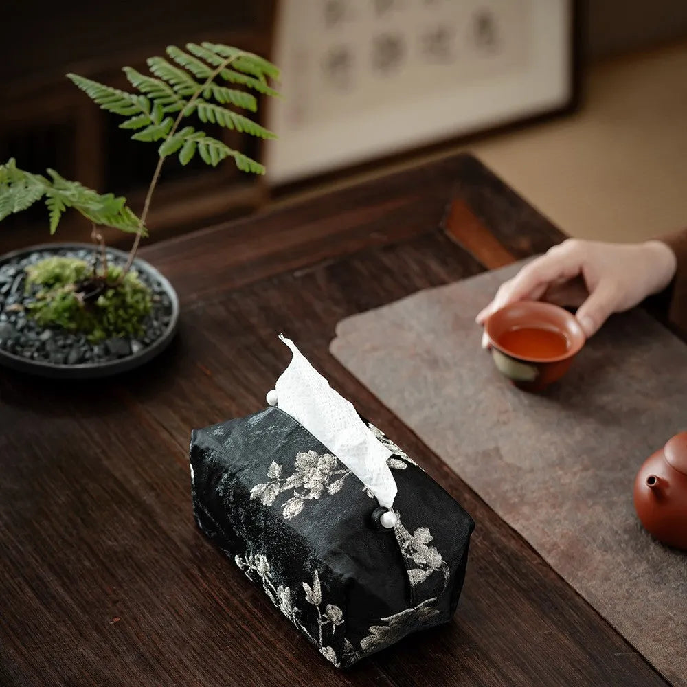 New Chinese style brocade fabric tissue box in embroidery white plum colour with optional pearl buckle
