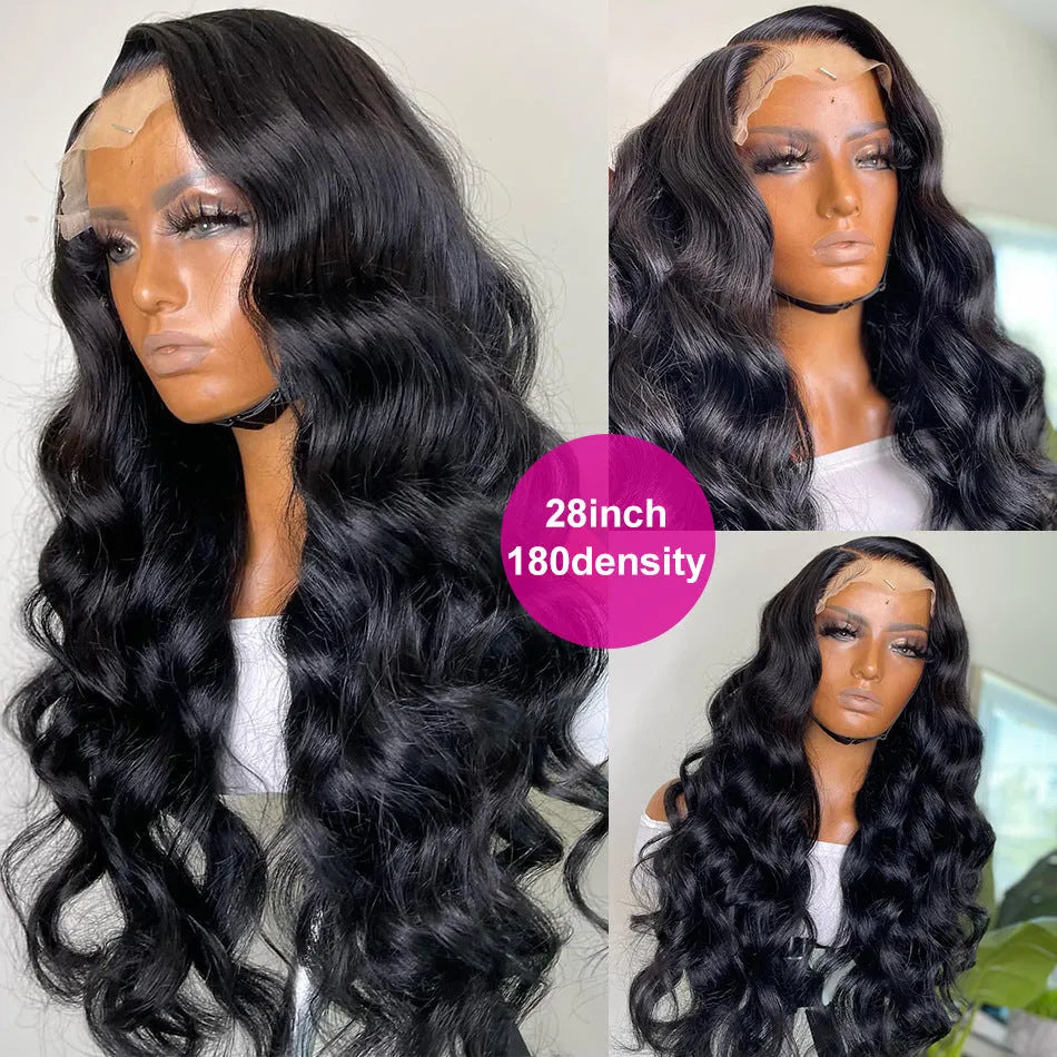 Black synthetic front lace wig with long curly hair and side bangs on display