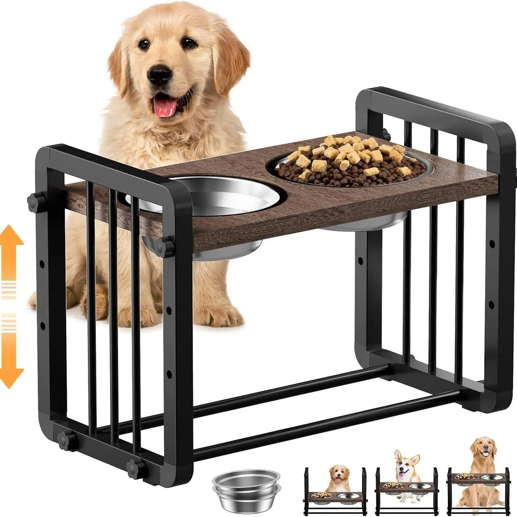 Black wooden dog bowl stand bracket measuring 37 by 23 centimetres on a floor.