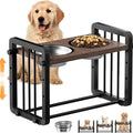 Black wooden dog bowl stand bracket measuring 37 by 23 centimetres on a floor.