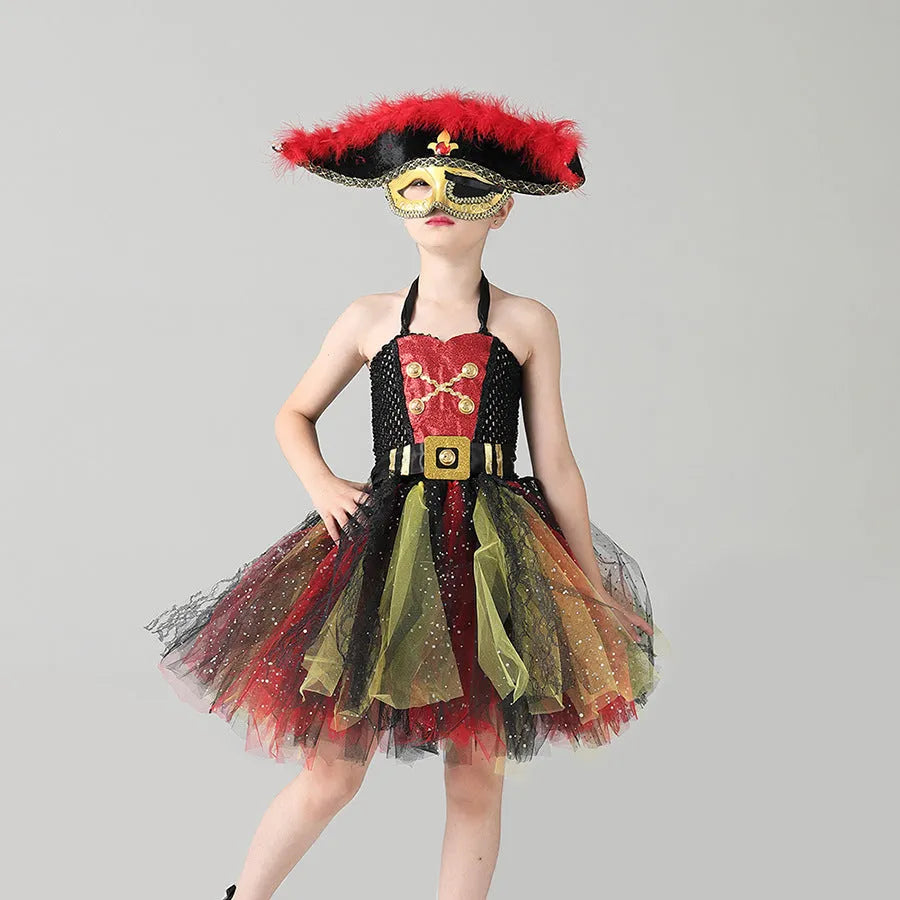 Girls pirate dress costume with sequins and mesh fabric panels, lace trim on sleeveless skirt