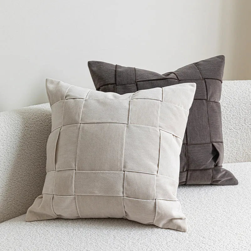 Square chenille woven cushion in beige, black, orange, reddish brown, green, coffee or taupe, 50cm size.