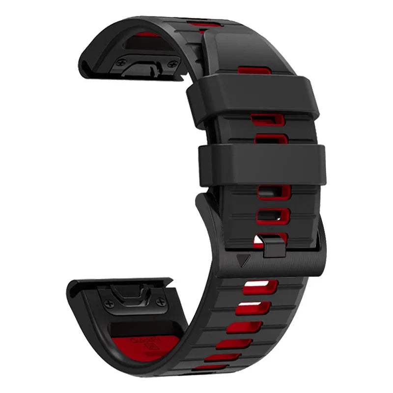 Two-tone quick release silicone watch strap for Garmin Fenix smartwatch on a grey background.