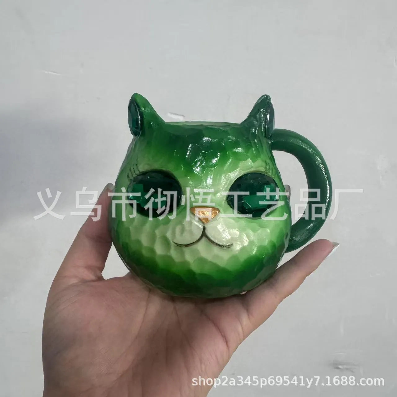 Resin crystal earth cat cup craft ornament in blue, green, pink or purple for promotional gifting.