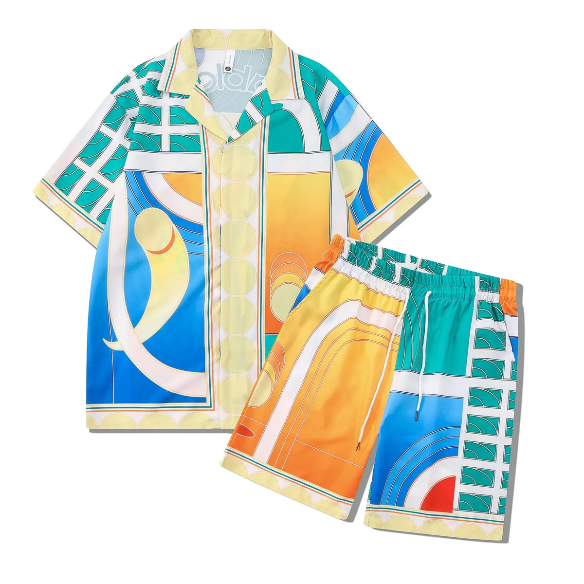 Plaid print beach outfit with short sleeve shirt and matching trousers on a mannequin