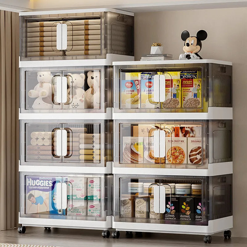 Foldable white household storage locker with wheels showing multiple layer configuration for clothes and shoe organisation