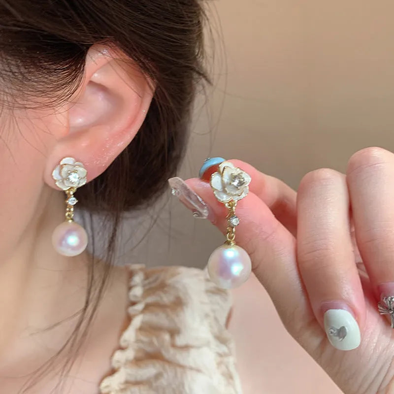 Camellia pearl flower stud earrings with alloy floral design for women