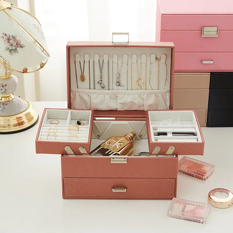 Hard shell PU leather jewelry storage box in solid color with dimensions 22.5cm x 15.5cm x 14cm