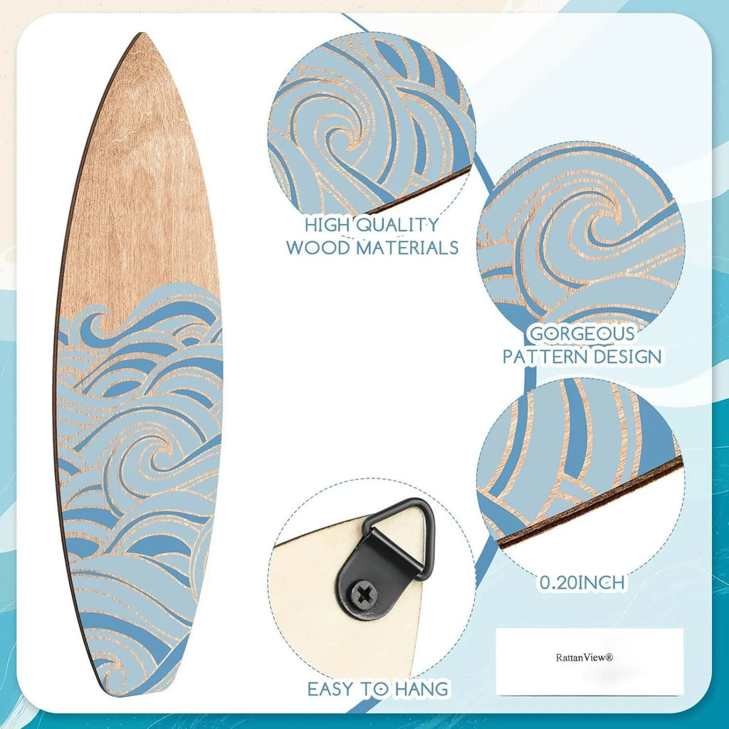 Three identical wooden surfboard-shaped wall decorations made from boxwood, shown against a plain background.