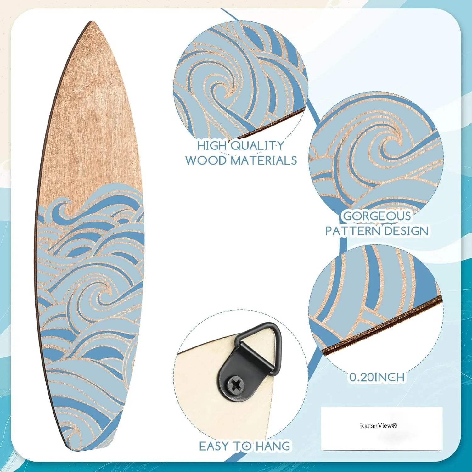 Three identical wooden surfboard-shaped wall decorations made from boxwood, shown against a plain background.