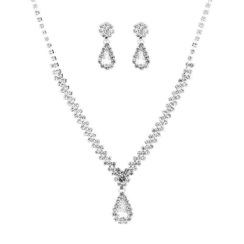 Claw chain necklace and earrings set with water drop rhinestone pendants in multiple colour options