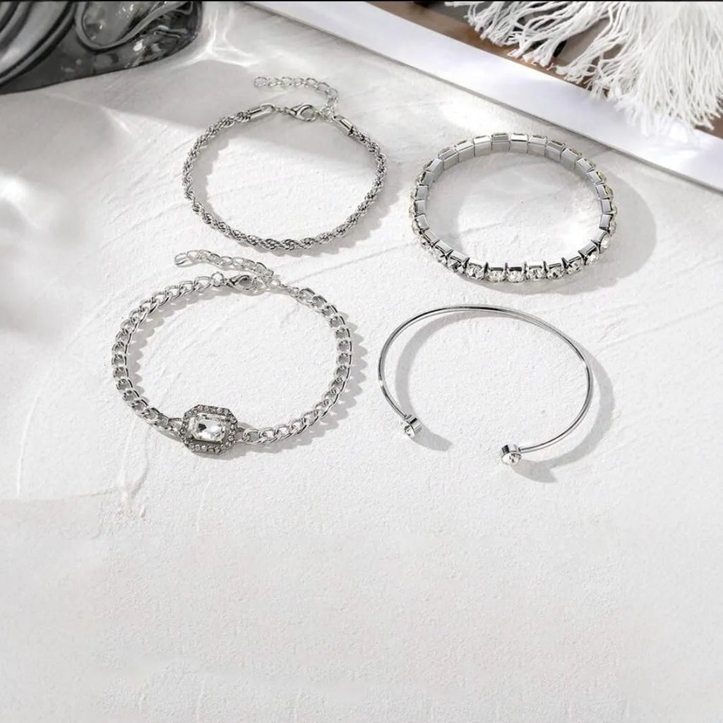 Women's retro geometric alloy bracelet set with square diamond charms and metal chain links