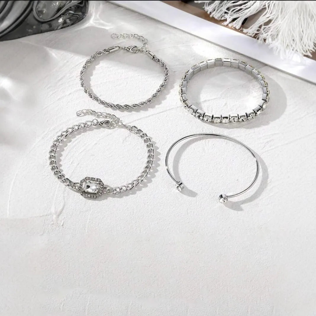 Women's retro geometric alloy bracelet set with square diamond charms and metal chain links
