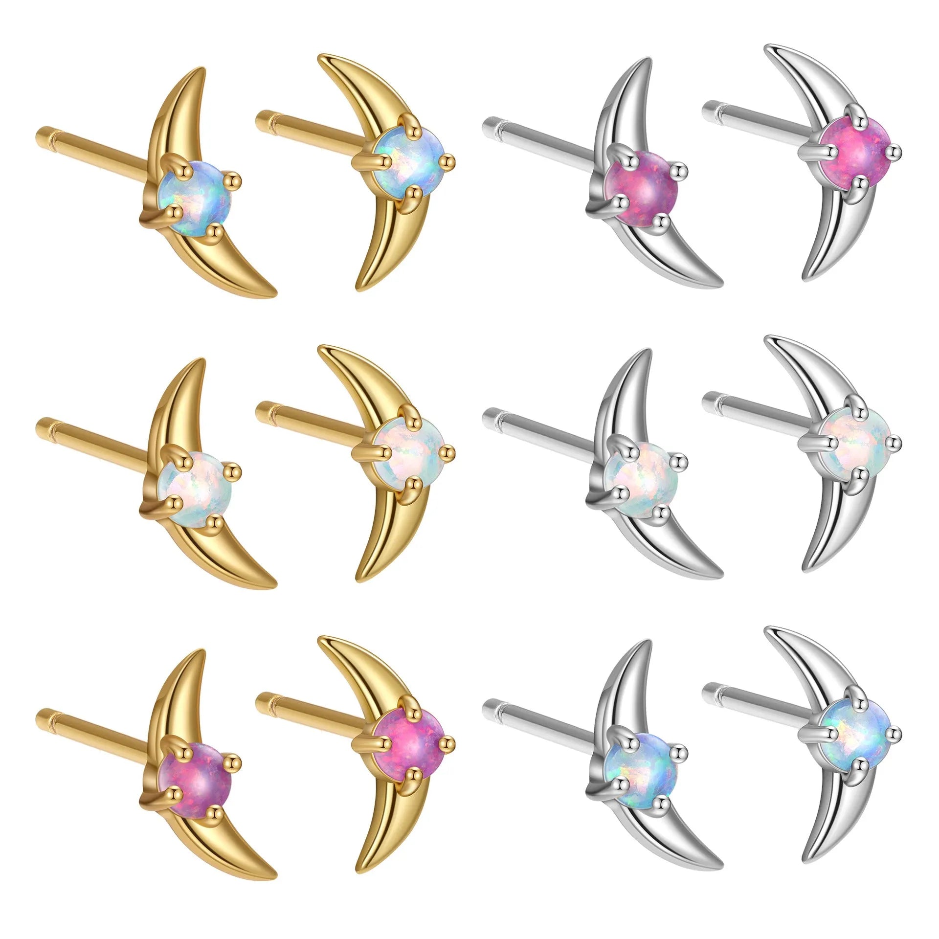 A pair of geometric-shaped sterling silver earrings with a gold-plated finish and a central blue zirconia stone.