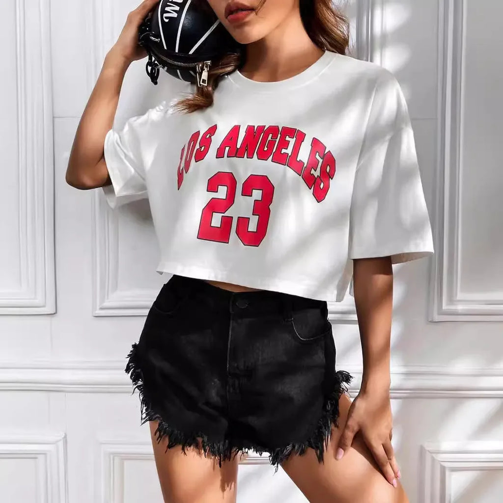 Women's black cotton loose crop top with white printed English letters slogan, short sleeves.