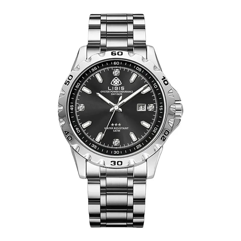 Men's silver quartz watch with luminous hands and stainless steel strap on grey dial