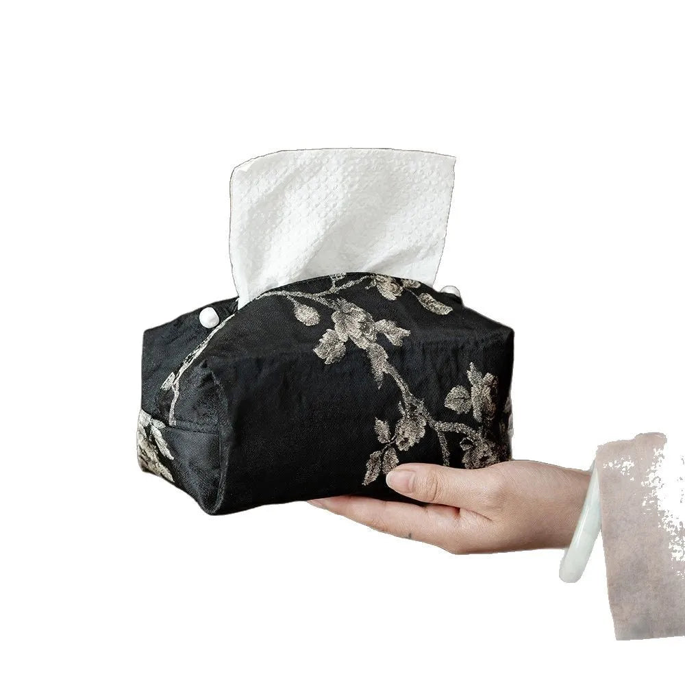 New Chinese style brocade fabric tissue box in embroidery white plum colour with optional pearl buckle