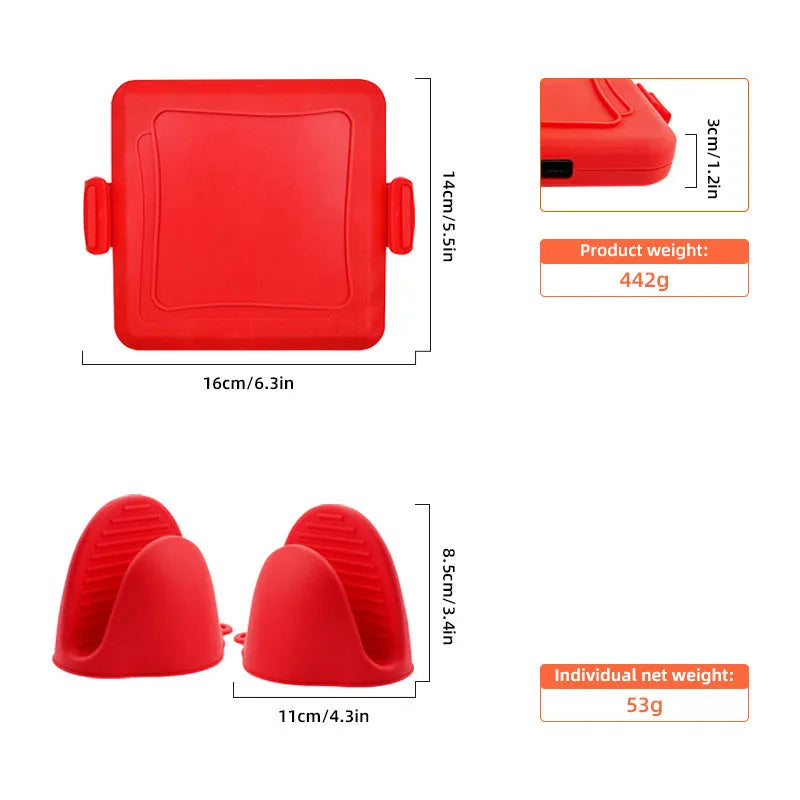 Red silicone baking tray with matching heat-resistant gloves for oven safety