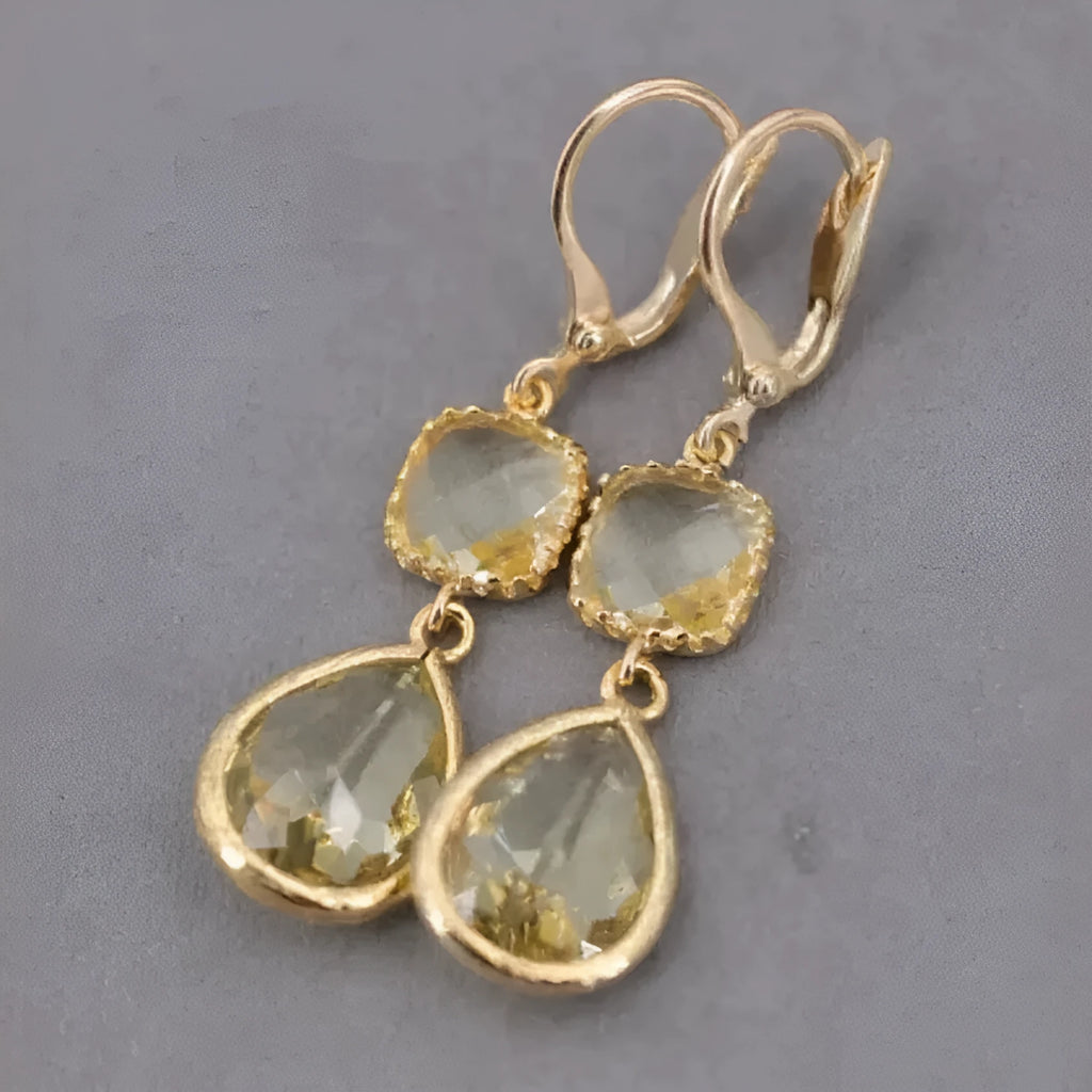 Gold retro geometric earrings with long crystal fringe and water droplet design
