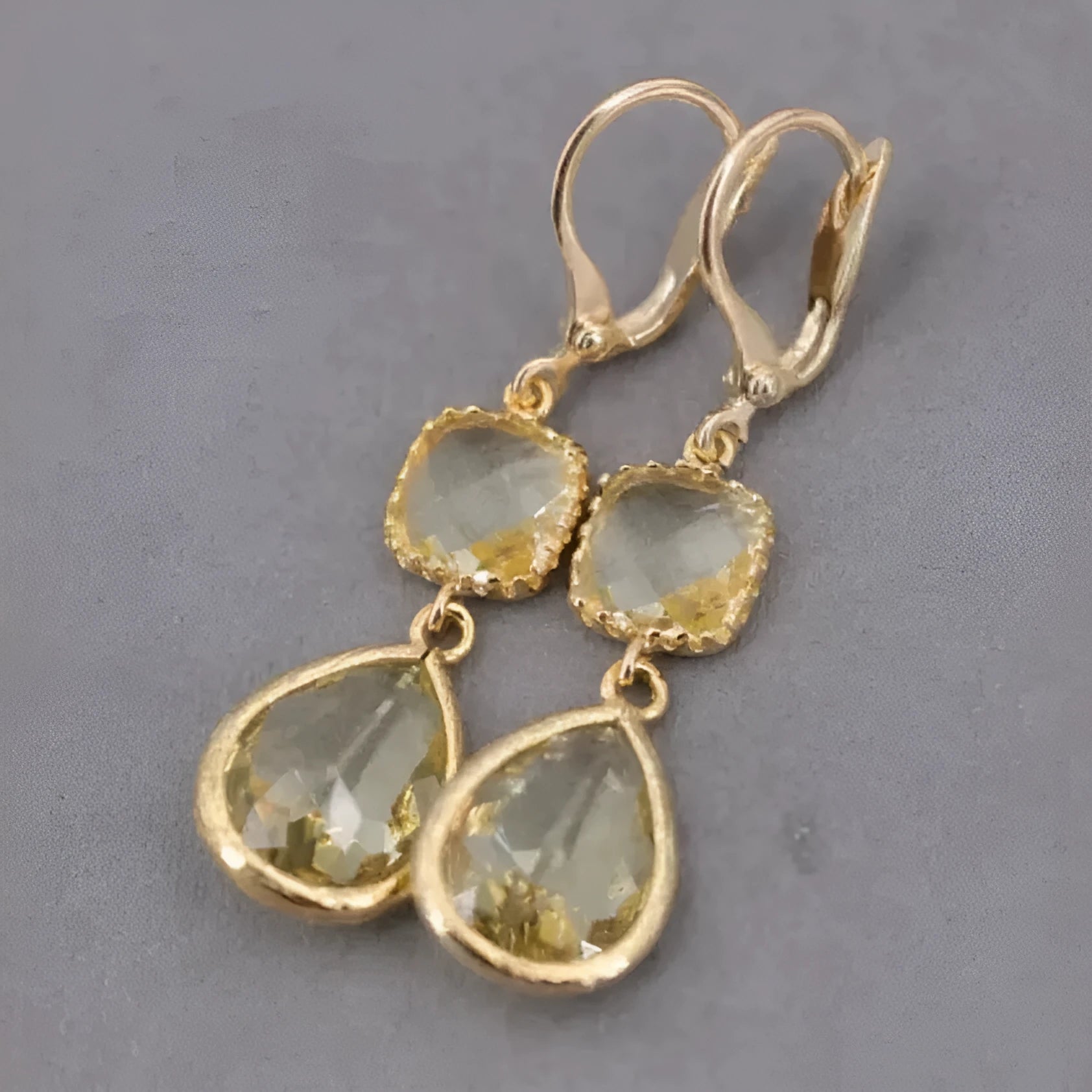 Gold retro geometric earrings with long crystal fringe and water droplet design
